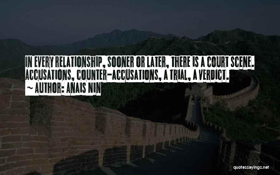 Anais Nin Quotes: In Every Relationship, Sooner Or Later, There Is A Court Scene. Accusations, Counter-accusations, A Trial, A Verdict.