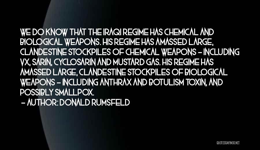 Donald Rumsfeld Quotes: We Do Know That The Iraqi Regime Has Chemical And Biological Weapons. His Regime Has Amassed Large, Clandestine Stockpiles Of