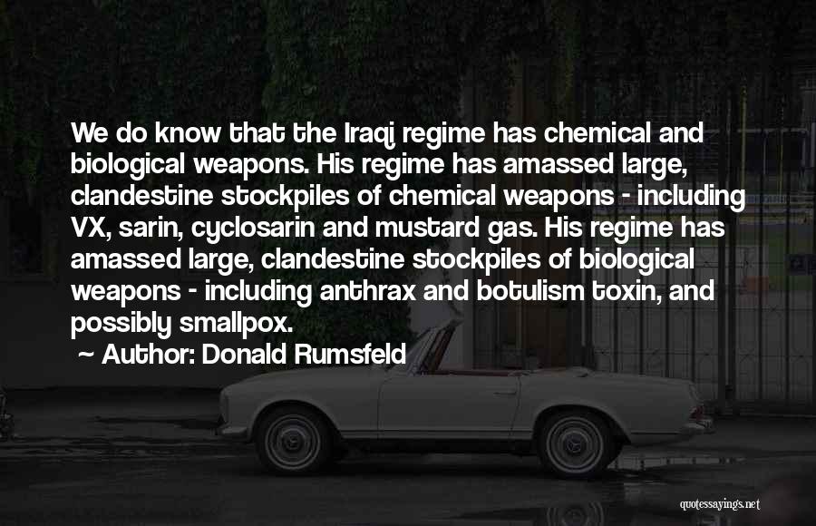 Donald Rumsfeld Quotes: We Do Know That The Iraqi Regime Has Chemical And Biological Weapons. His Regime Has Amassed Large, Clandestine Stockpiles Of