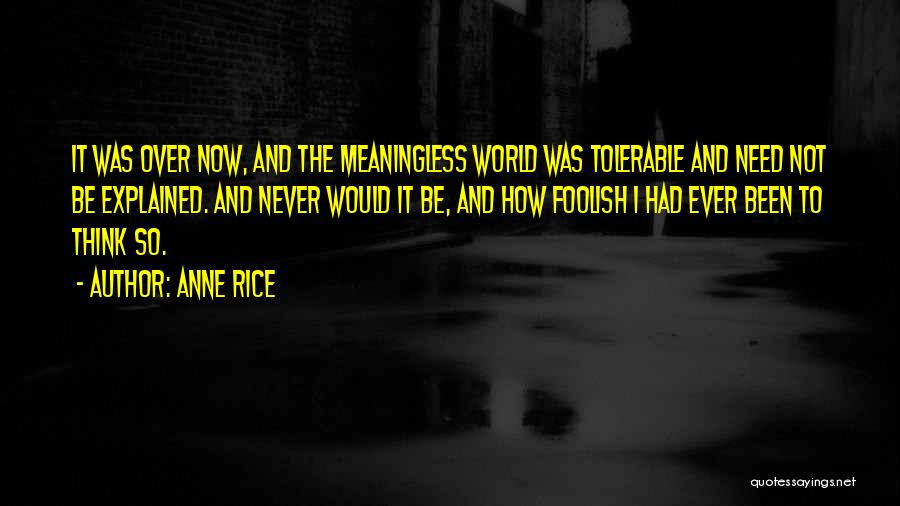 Anne Rice Quotes: It Was Over Now, And The Meaningless World Was Tolerable And Need Not Be Explained. And Never Would It Be,