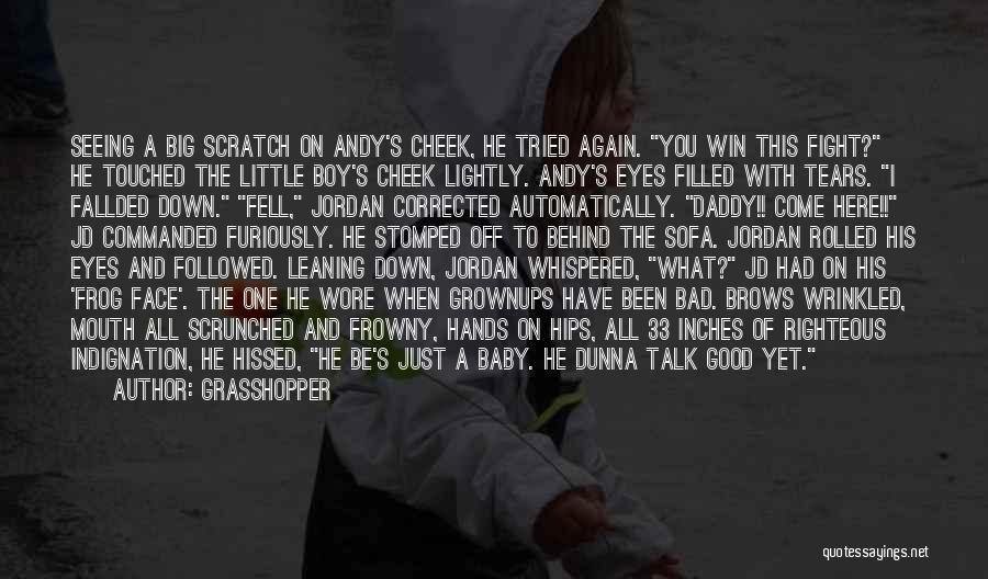 Grasshopper Quotes: Seeing A Big Scratch On Andy's Cheek, He Tried Again. You Win This Fight? He Touched The Little Boy's Cheek
