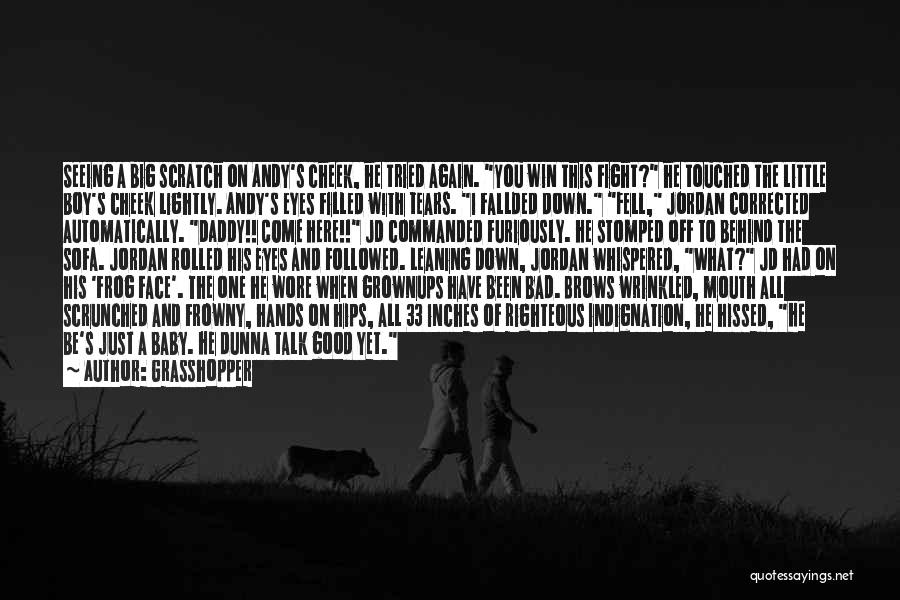 Grasshopper Quotes: Seeing A Big Scratch On Andy's Cheek, He Tried Again. You Win This Fight? He Touched The Little Boy's Cheek