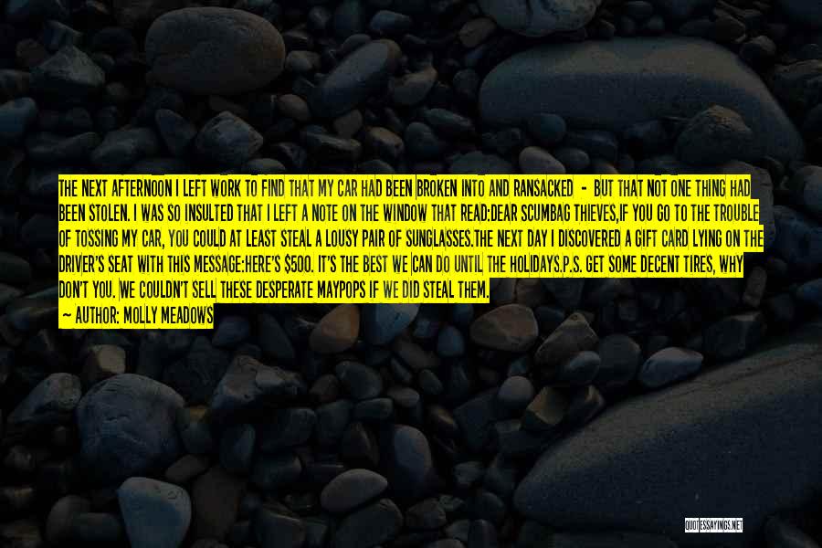 Molly Meadows Quotes: The Next Afternoon I Left Work To Find That My Car Had Been Broken Into And Ransacked - But That