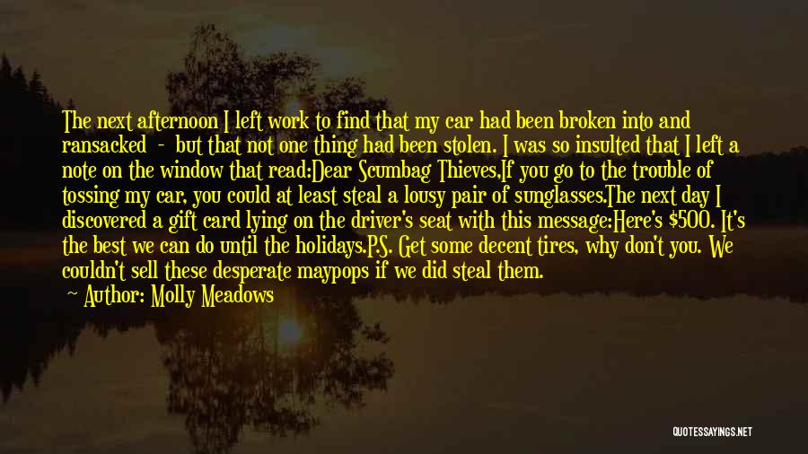 Molly Meadows Quotes: The Next Afternoon I Left Work To Find That My Car Had Been Broken Into And Ransacked - But That