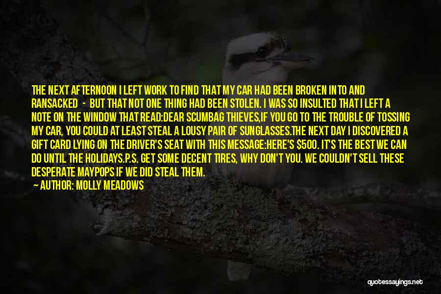 Molly Meadows Quotes: The Next Afternoon I Left Work To Find That My Car Had Been Broken Into And Ransacked - But That