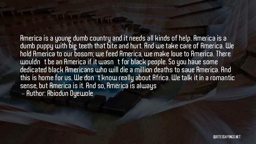 Abiodun Oyewole Quotes: America Is A Young Dumb Country And It Needs All Kinds Of Help. America Is A Dumb Puppy With Big