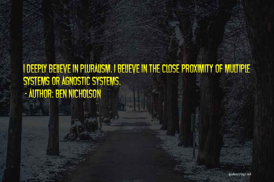 Ben Nicholson Quotes: I Deeply Believe In Pluralism. I Believe In The Close Proximity Of Multiple Systems Or Agnostic Systems.