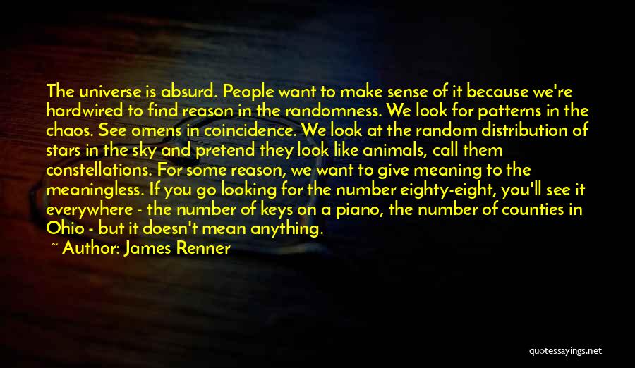 James Renner Quotes: The Universe Is Absurd. People Want To Make Sense Of It Because We're Hardwired To Find Reason In The Randomness.