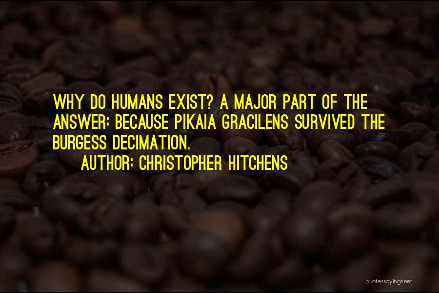 Christopher Hitchens Quotes: Why Do Humans Exist? A Major Part Of The Answer: Because Pikaia Gracilens Survived The Burgess Decimation.