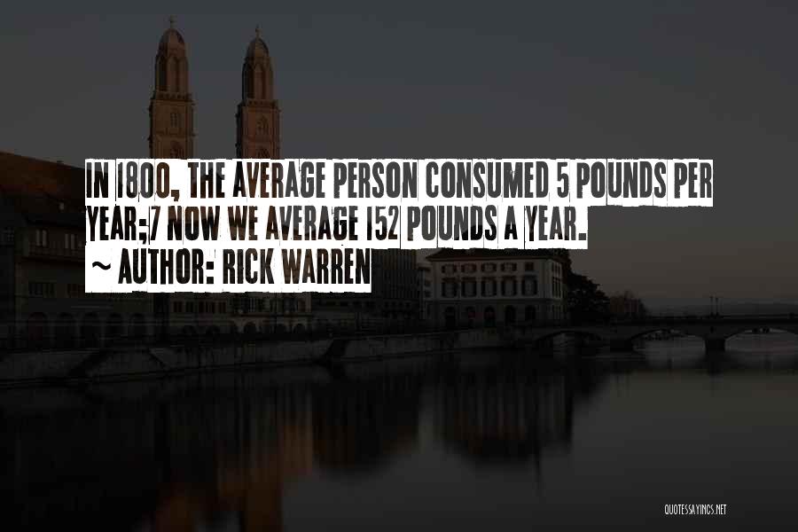 Rick Warren Quotes: In 1800, The Average Person Consumed 5 Pounds Per Year;7 Now We Average 152 Pounds A Year.