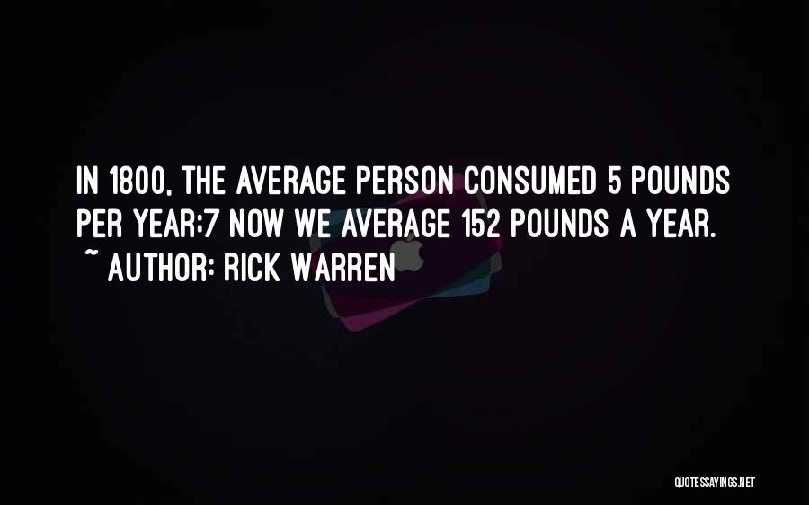 Rick Warren Quotes: In 1800, The Average Person Consumed 5 Pounds Per Year;7 Now We Average 152 Pounds A Year.