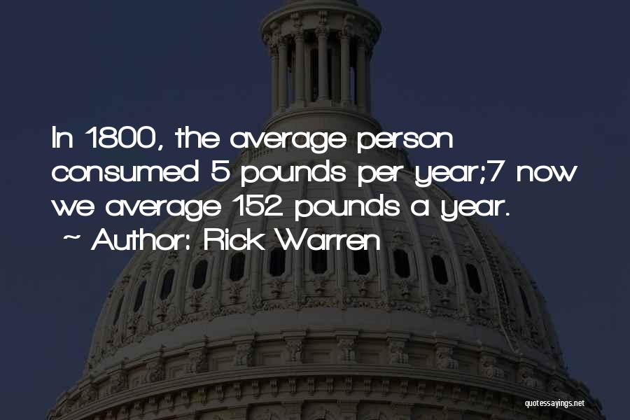 Rick Warren Quotes: In 1800, The Average Person Consumed 5 Pounds Per Year;7 Now We Average 152 Pounds A Year.