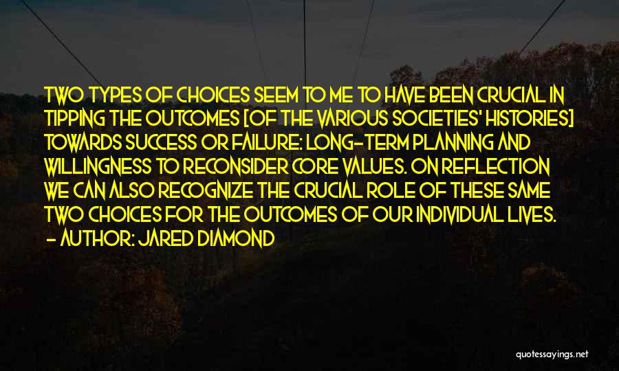 Jared Diamond Quotes: Two Types Of Choices Seem To Me To Have Been Crucial In Tipping The Outcomes [of The Various Societies' Histories]