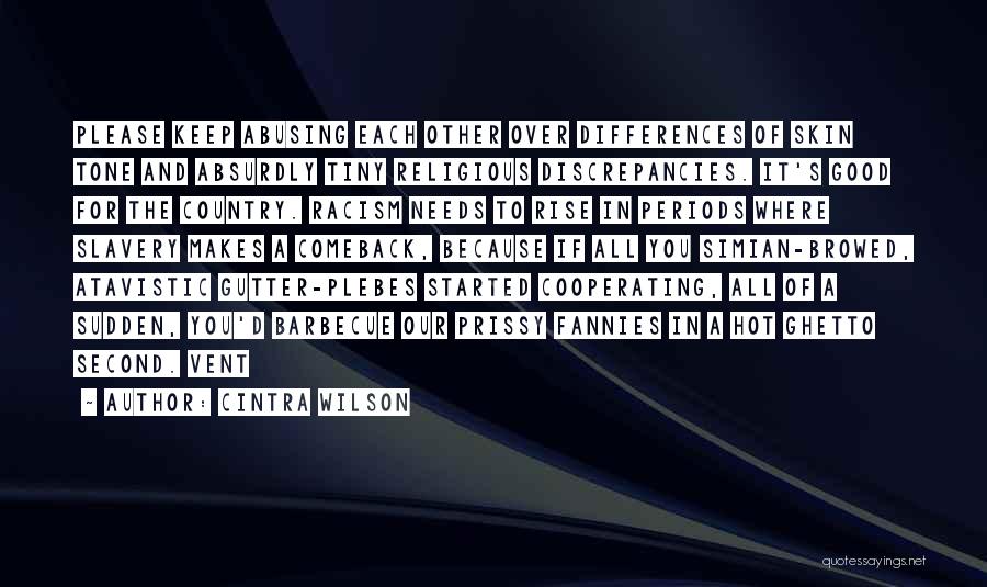 Cintra Wilson Quotes: Please Keep Abusing Each Other Over Differences Of Skin Tone And Absurdly Tiny Religious Discrepancies. It's Good For The Country.