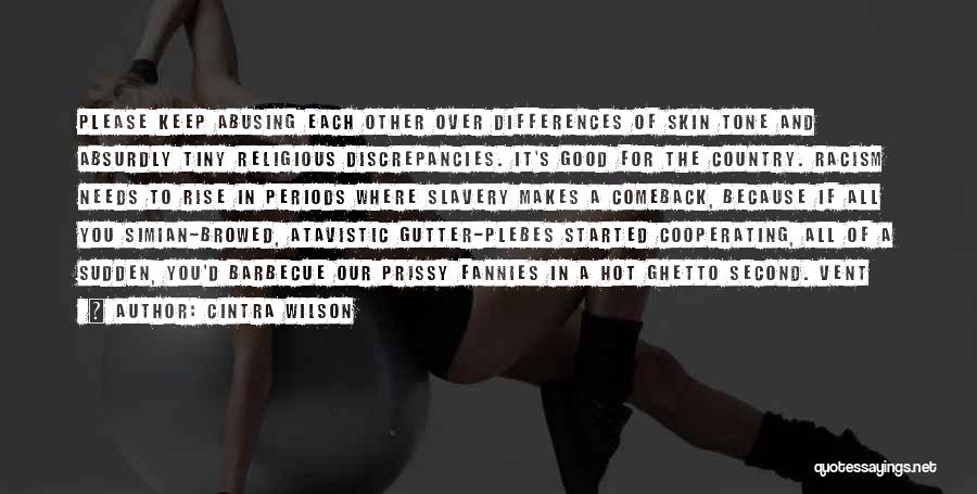 Cintra Wilson Quotes: Please Keep Abusing Each Other Over Differences Of Skin Tone And Absurdly Tiny Religious Discrepancies. It's Good For The Country.