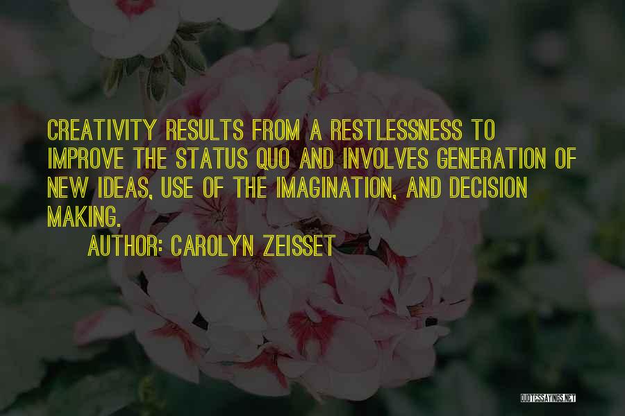 Carolyn Zeisset Quotes: Creativity Results From A Restlessness To Improve The Status Quo And Involves Generation Of New Ideas, Use Of The Imagination,