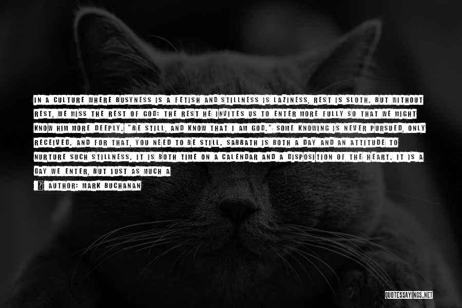 Mark Buchanan Quotes: In A Culture Where Busyness Is A Fetish And Stillness Is Laziness, Rest Is Sloth. But Without Rest, We Miss