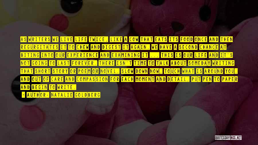 Natalie Goldberg Quotes: As Writers We Live Life Twice, Like A Cow That Eats Its Food Once And Then Regurgitates It To Chew