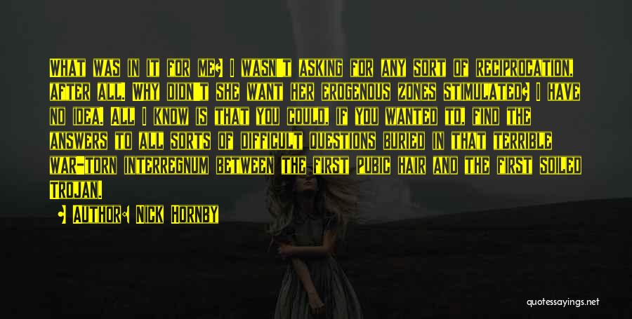 Nick Hornby Quotes: What Was In It For Me? I Wasn't Asking For Any Sort Of Reciprocation, After All. Why Didn't She Want