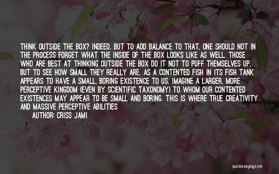 Criss Jami Quotes: Think Outside The Box? Indeed. But To Add Balance To That, One Should Not In The Process Forget What The