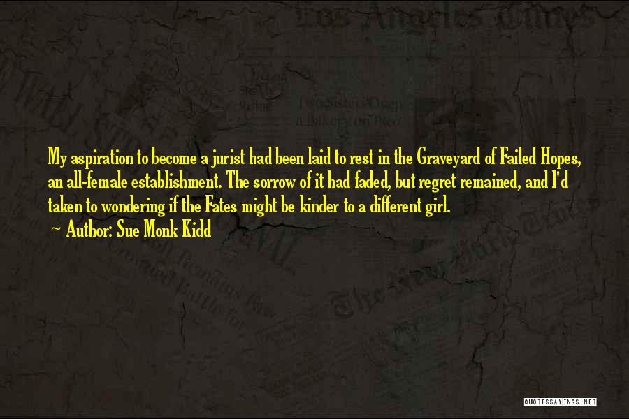 Sue Monk Kidd Quotes: My Aspiration To Become A Jurist Had Been Laid To Rest In The Graveyard Of Failed Hopes, An All-female Establishment.