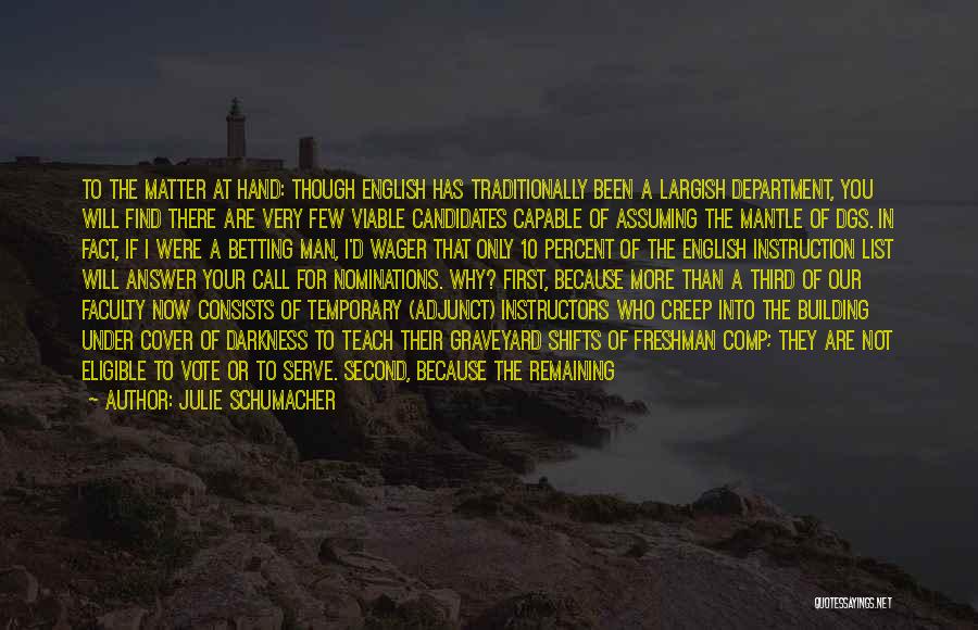 Julie Schumacher Quotes: To The Matter At Hand: Though English Has Traditionally Been A Largish Department, You Will Find There Are Very Few