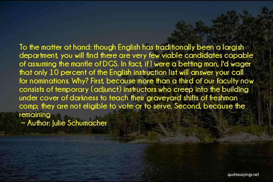 Julie Schumacher Quotes: To The Matter At Hand: Though English Has Traditionally Been A Largish Department, You Will Find There Are Very Few