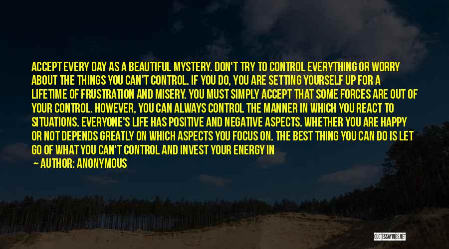 Anonymous Quotes: Accept Every Day As A Beautiful Mystery. Don't Try To Control Everything Or Worry About The Things You Can't Control.