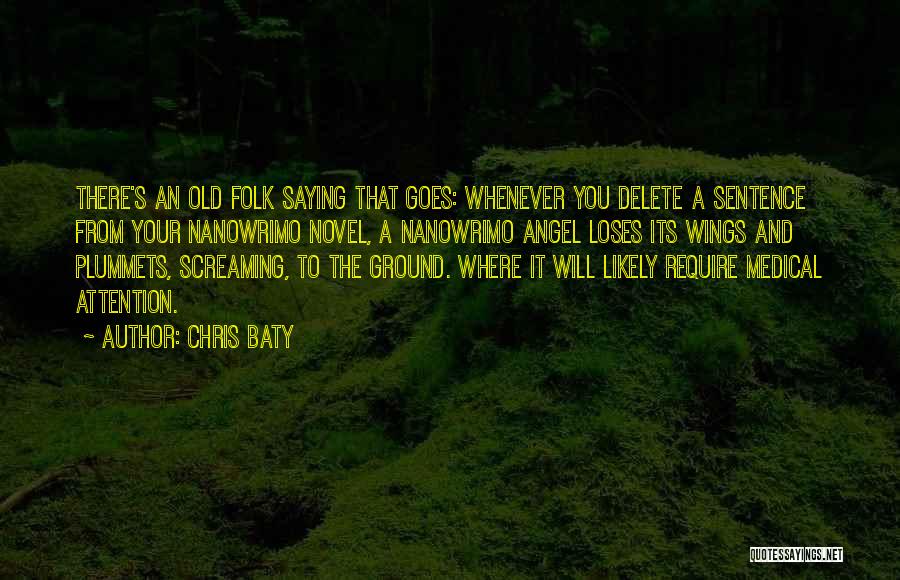 Chris Baty Quotes: There's An Old Folk Saying That Goes: Whenever You Delete A Sentence From Your Nanowrimo Novel, A Nanowrimo Angel Loses