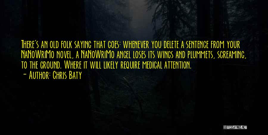 Chris Baty Quotes: There's An Old Folk Saying That Goes: Whenever You Delete A Sentence From Your Nanowrimo Novel, A Nanowrimo Angel Loses