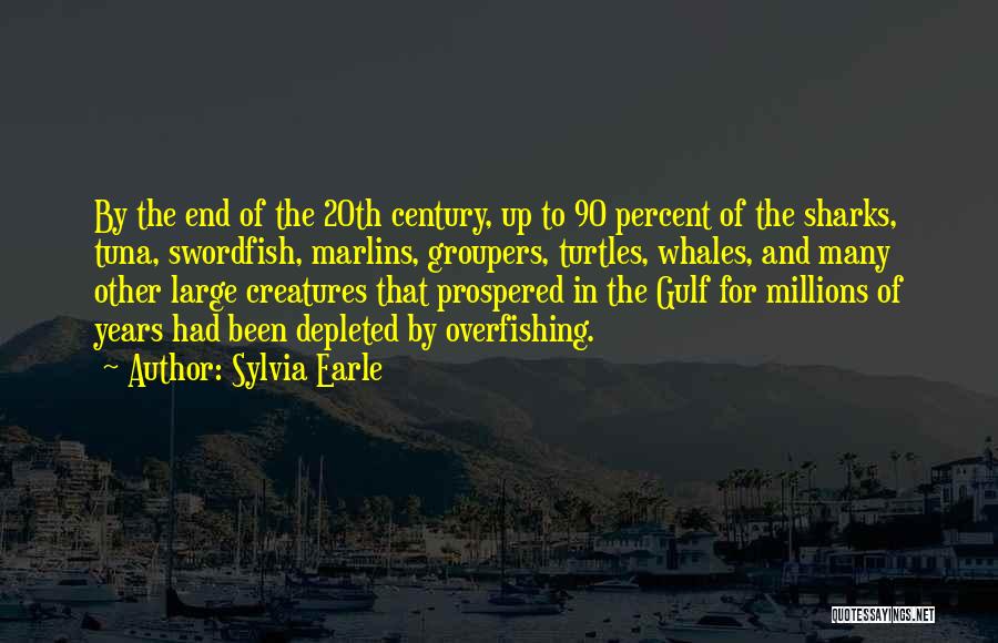 Sylvia Earle Quotes: By The End Of The 20th Century, Up To 90 Percent Of The Sharks, Tuna, Swordfish, Marlins, Groupers, Turtles, Whales,