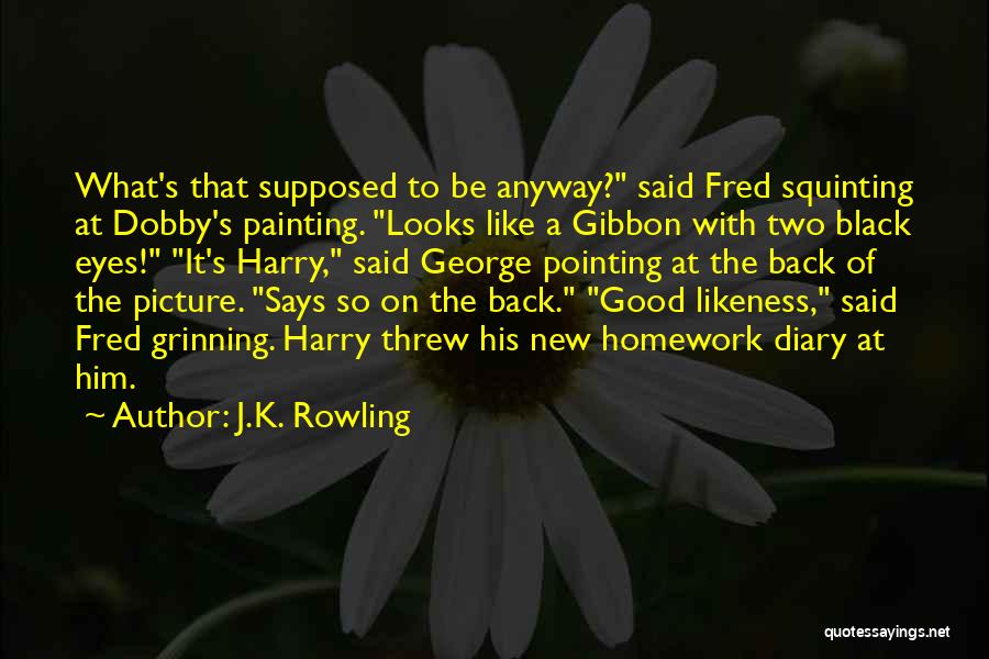 J.K. Rowling Quotes: What's That Supposed To Be Anyway? Said Fred Squinting At Dobby's Painting. Looks Like A Gibbon With Two Black Eyes!