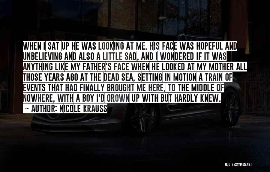 Nicole Krauss Quotes: When I Sat Up He Was Looking At Me. His Face Was Hopeful And Unbelieving And Also A Little Sad,