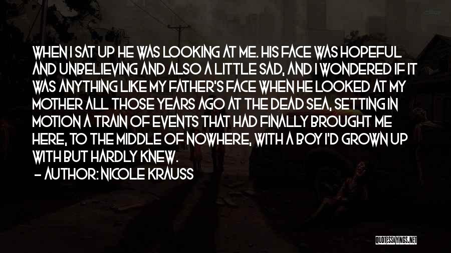 Nicole Krauss Quotes: When I Sat Up He Was Looking At Me. His Face Was Hopeful And Unbelieving And Also A Little Sad,