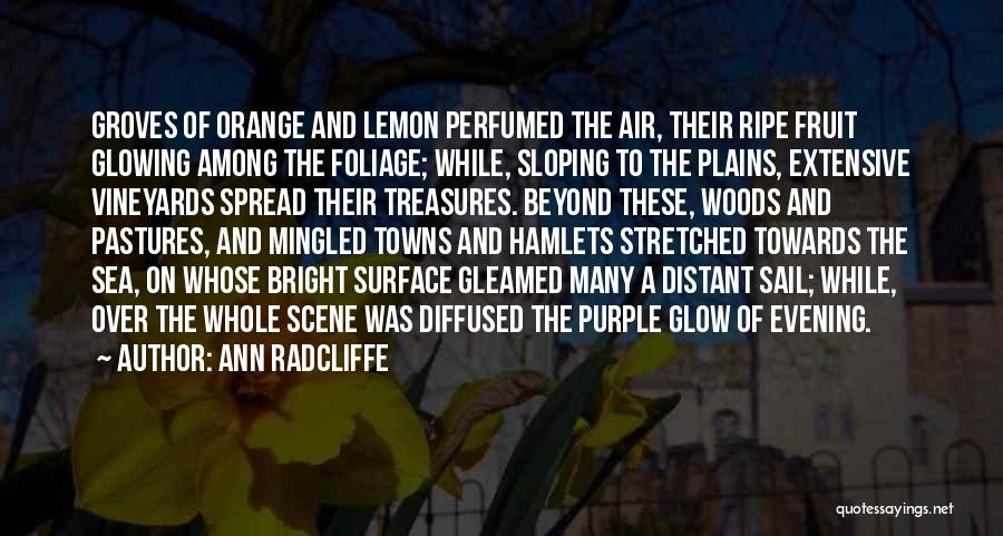 Ann Radcliffe Quotes: Groves Of Orange And Lemon Perfumed The Air, Their Ripe Fruit Glowing Among The Foliage; While, Sloping To The Plains,
