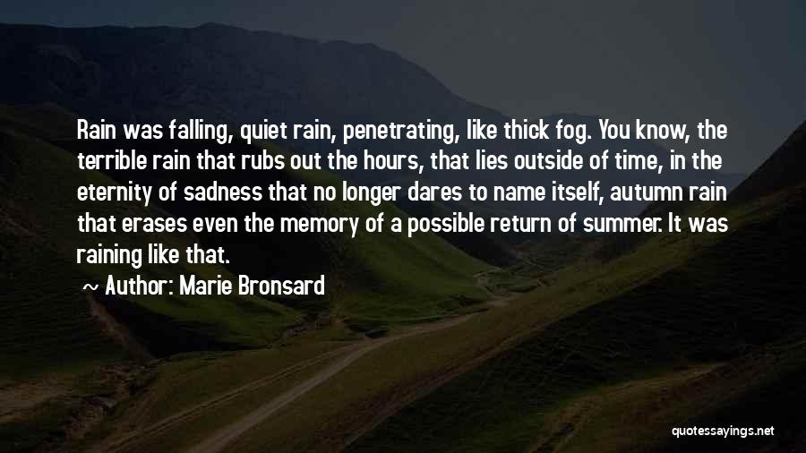 Marie Bronsard Quotes: Rain Was Falling, Quiet Rain, Penetrating, Like Thick Fog. You Know, The Terrible Rain That Rubs Out The Hours, That