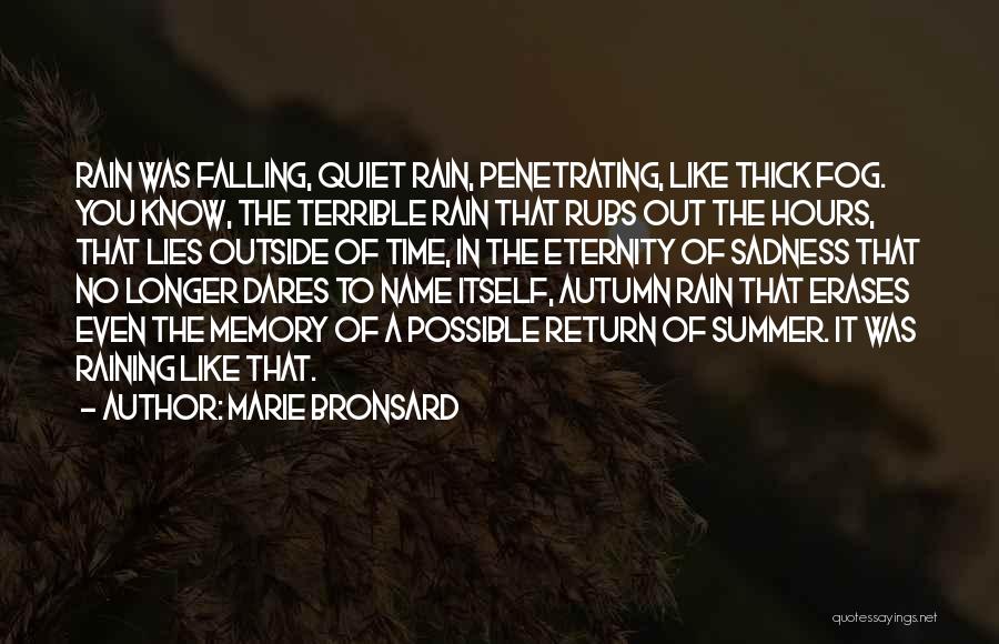 Marie Bronsard Quotes: Rain Was Falling, Quiet Rain, Penetrating, Like Thick Fog. You Know, The Terrible Rain That Rubs Out The Hours, That