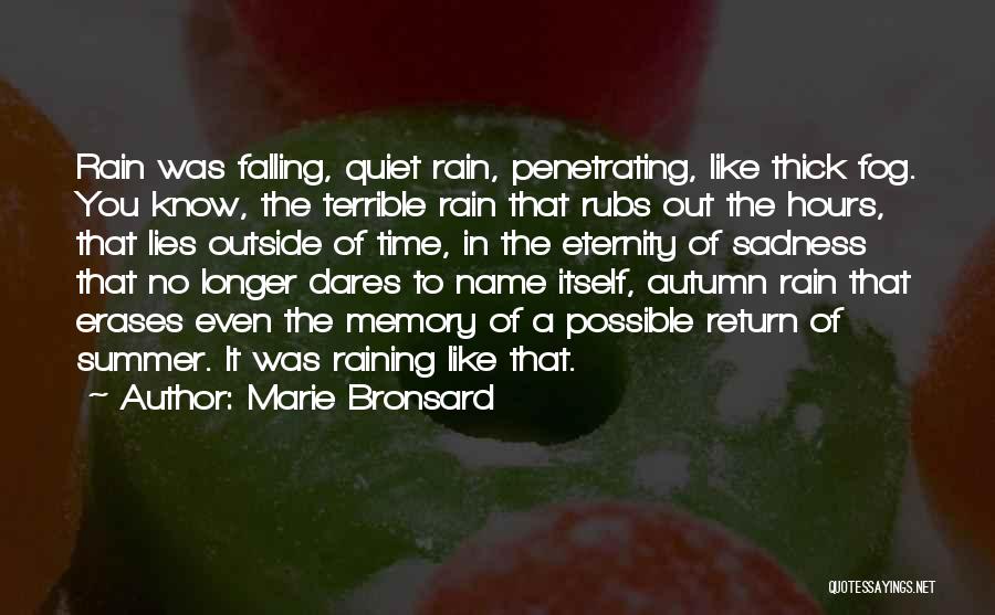 Marie Bronsard Quotes: Rain Was Falling, Quiet Rain, Penetrating, Like Thick Fog. You Know, The Terrible Rain That Rubs Out The Hours, That