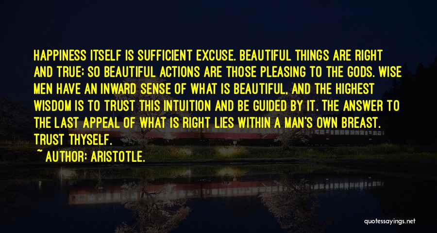 Aristotle. Quotes: Happiness Itself Is Sufficient Excuse. Beautiful Things Are Right And True; So Beautiful Actions Are Those Pleasing To The Gods.