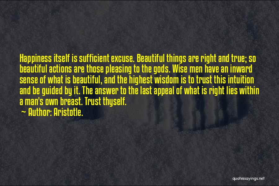 Aristotle. Quotes: Happiness Itself Is Sufficient Excuse. Beautiful Things Are Right And True; So Beautiful Actions Are Those Pleasing To The Gods.