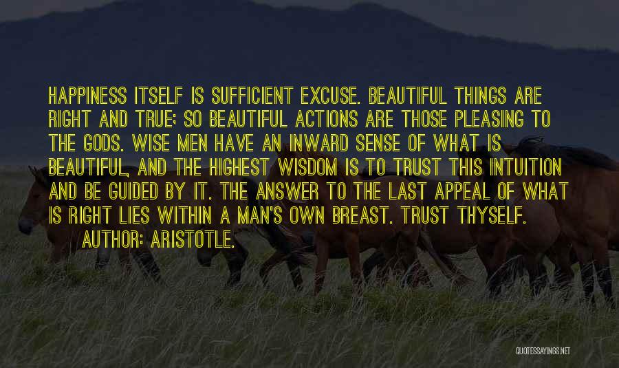 Aristotle. Quotes: Happiness Itself Is Sufficient Excuse. Beautiful Things Are Right And True; So Beautiful Actions Are Those Pleasing To The Gods.