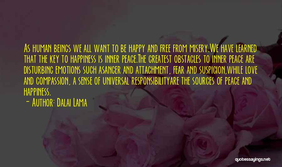 Dalai Lama Quotes: As Human Beings We All Want To Be Happy And Free From Misery.we Have Learned That The Key To Happiness