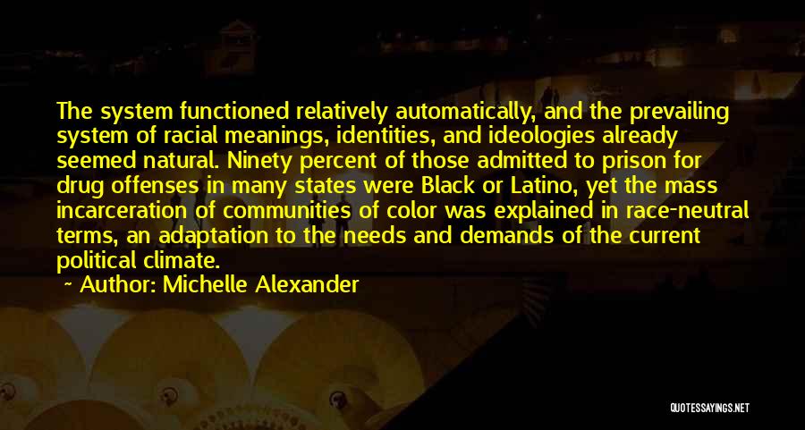 Michelle Alexander Quotes: The System Functioned Relatively Automatically, And The Prevailing System Of Racial Meanings, Identities, And Ideologies Already Seemed Natural. Ninety Percent