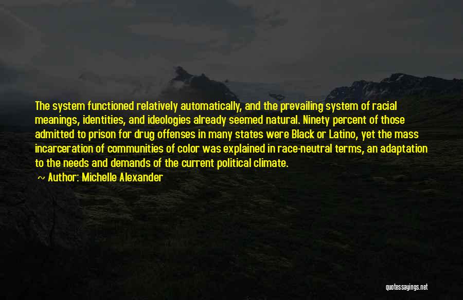 Michelle Alexander Quotes: The System Functioned Relatively Automatically, And The Prevailing System Of Racial Meanings, Identities, And Ideologies Already Seemed Natural. Ninety Percent