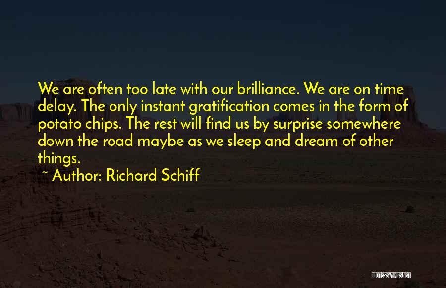 Richard Schiff Quotes: We Are Often Too Late With Our Brilliance. We Are On Time Delay. The Only Instant Gratification Comes In The