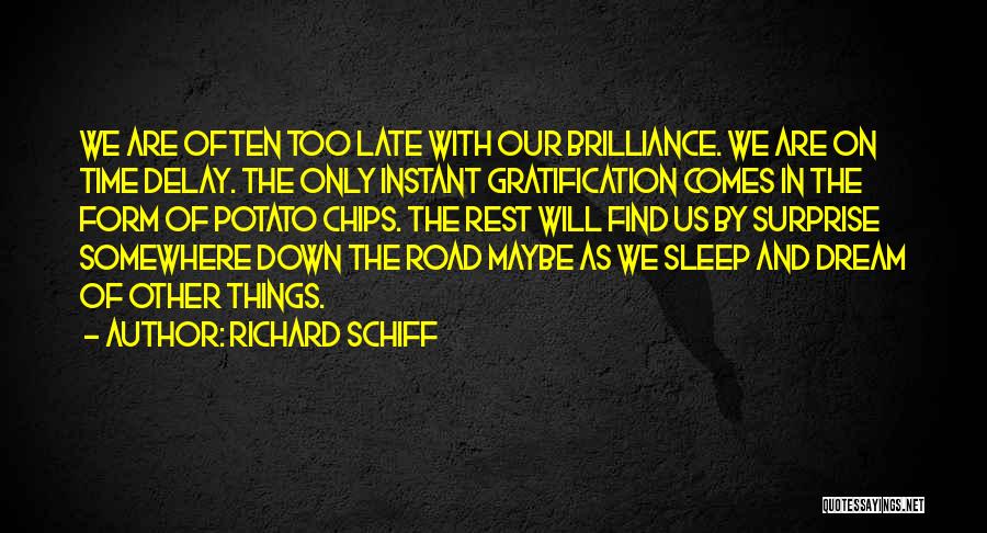 Richard Schiff Quotes: We Are Often Too Late With Our Brilliance. We Are On Time Delay. The Only Instant Gratification Comes In The