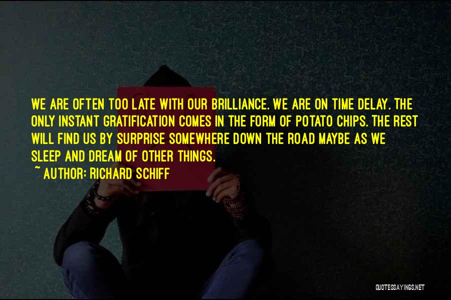 Richard Schiff Quotes: We Are Often Too Late With Our Brilliance. We Are On Time Delay. The Only Instant Gratification Comes In The