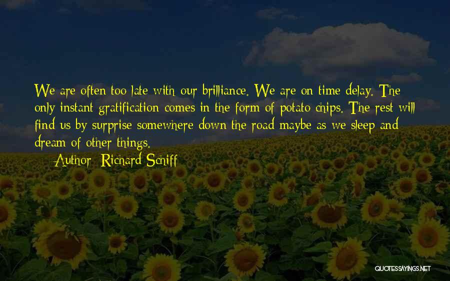 Richard Schiff Quotes: We Are Often Too Late With Our Brilliance. We Are On Time Delay. The Only Instant Gratification Comes In The