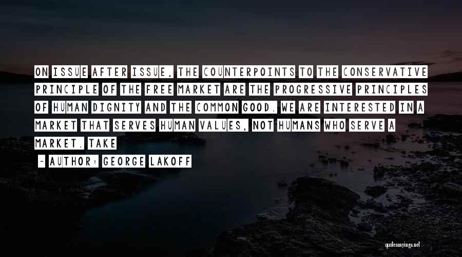 George Lakoff Quotes: On Issue After Issue, The Counterpoints To The Conservative Principle Of The Free Market Are The Progressive Principles Of Human