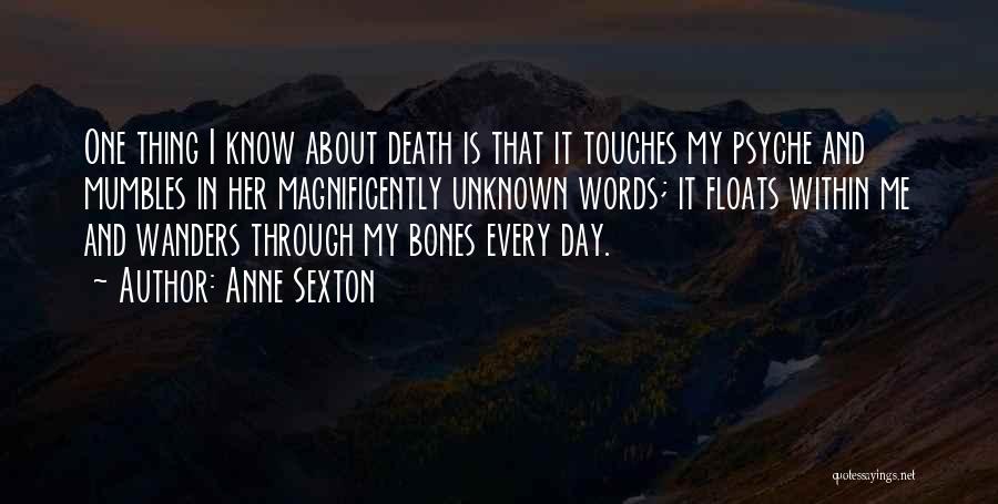Anne Sexton Quotes: One Thing I Know About Death Is That It Touches My Psyche And Mumbles In Her Magnificently Unknown Words; It